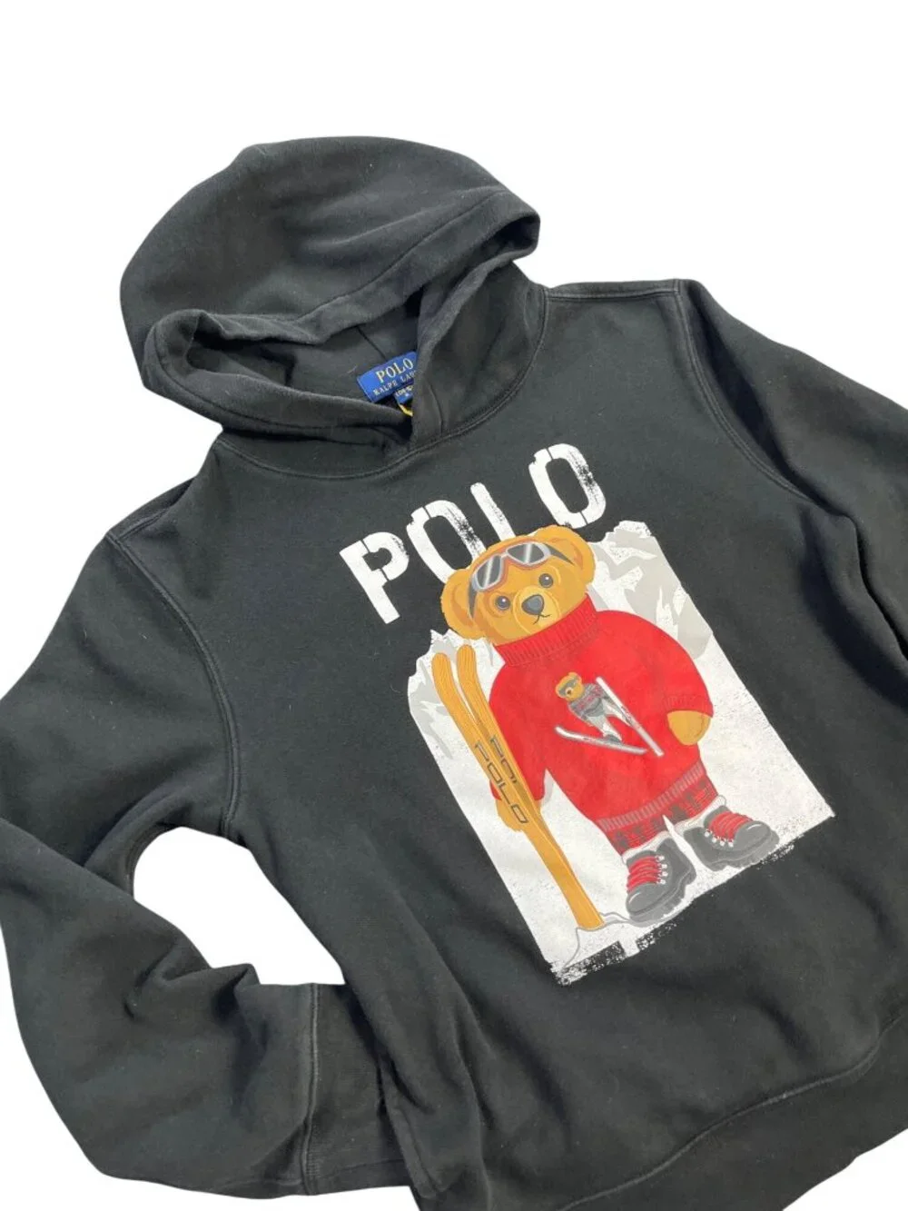 Polo Ralph Lauren Bear Hoodie L Black Fleece Cotton Blend Youth Size Large 14-16